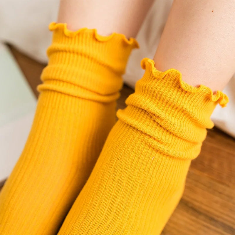 Women's Cotton Stackable Socks Mid Calf Solid Color Ruffle Trim Vintage Style All Season Casual Socks EU 35-40 (1 3 5 Pairs)