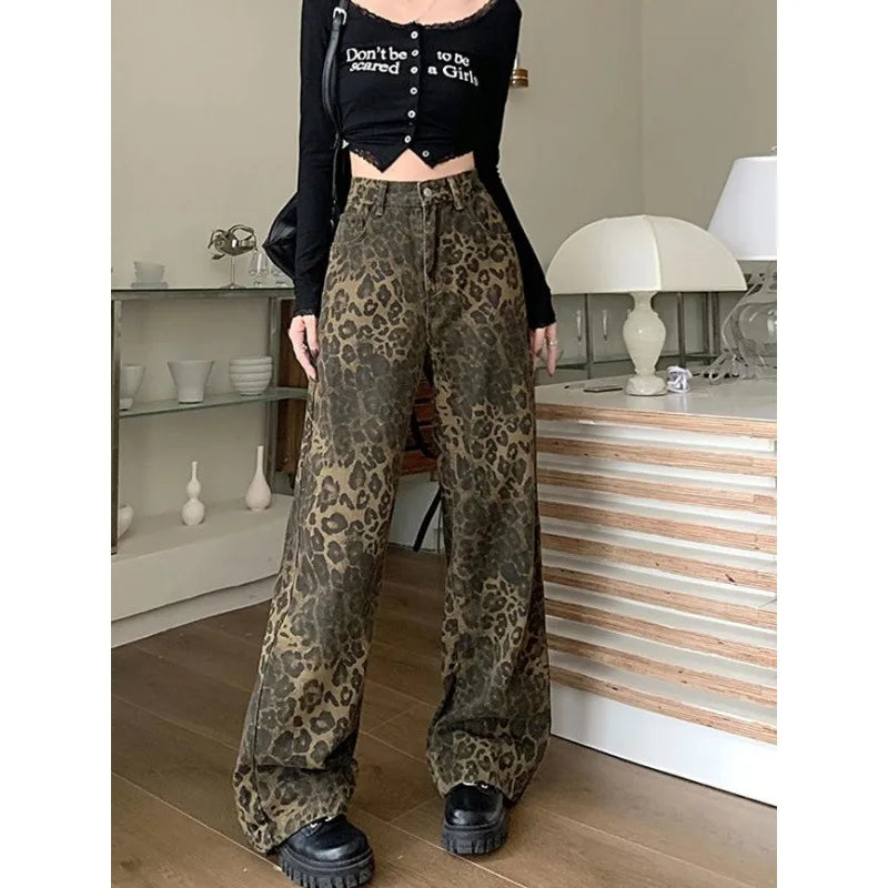 American vintage leopard print jeans female autumn winter new design sense small straight tube overalls casual pants