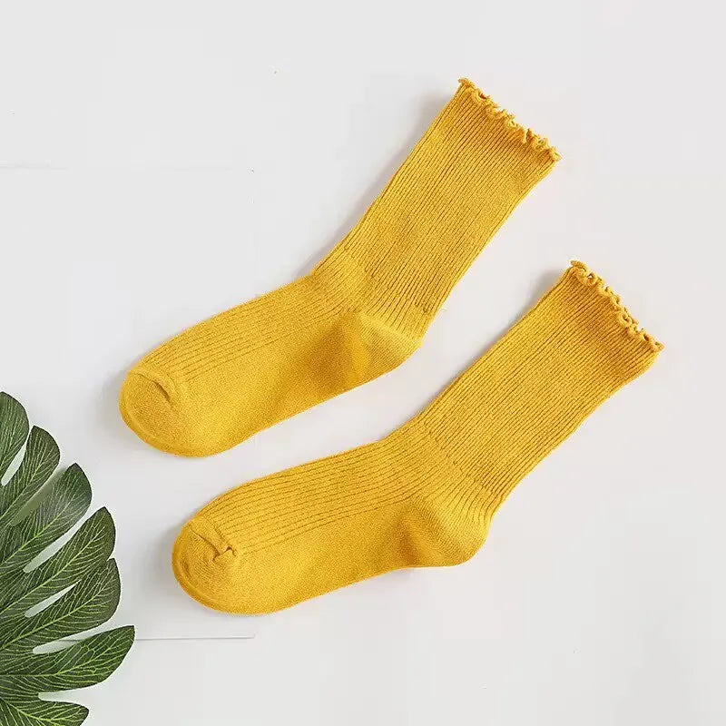 1Pair Women's Ruffled Mid-Calf Socks - Breathable, Sweat-Absorbing & Comfortable, Solid Color Set for Spring & Autumn
