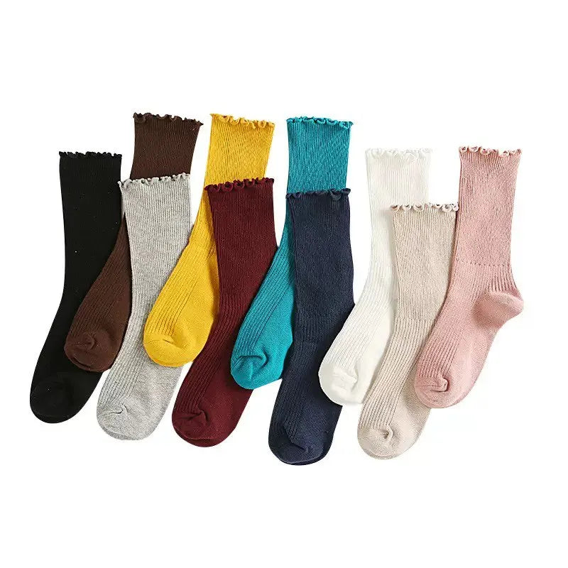 1Pair Women's Ruffled Mid-Calf Socks - Breathable, Sweat-Absorbing & Comfortable, Solid Color Set for Spring & Autumn