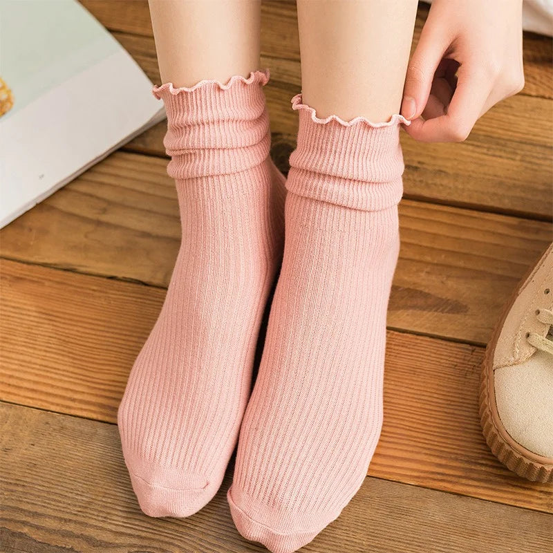 Women's Cotton Stackable Socks Mid Calf Solid Color Ruffle Trim Vintage Style All Season Casual Socks EU 35-40 (1 3 5 Pairs)