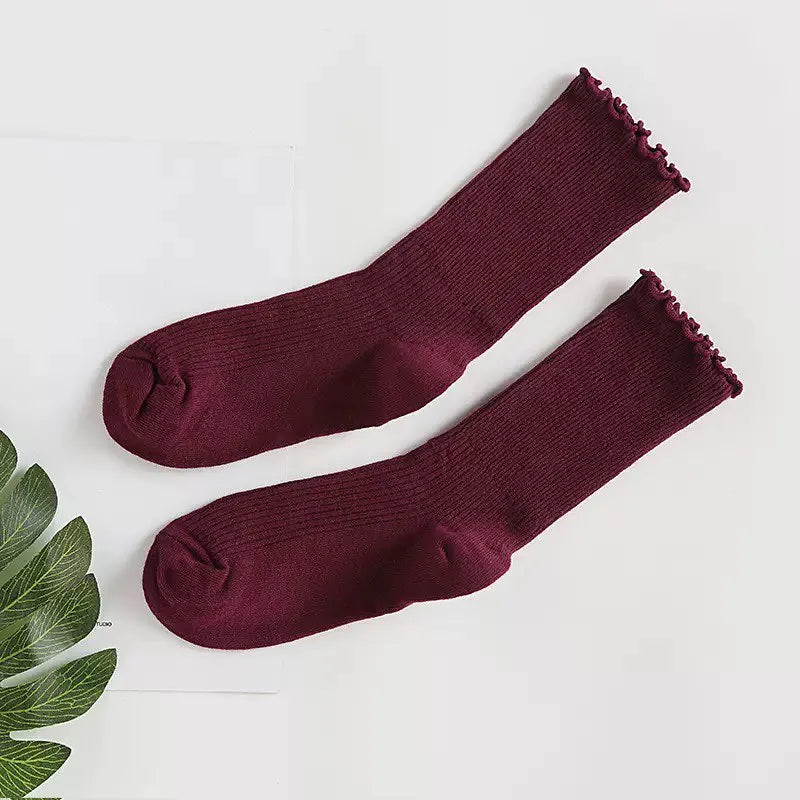 1Pair Women's Ruffled Mid-Calf Socks - Breathable, Sweat-Absorbing & Comfortable, Solid Color Set for Spring & Autumn